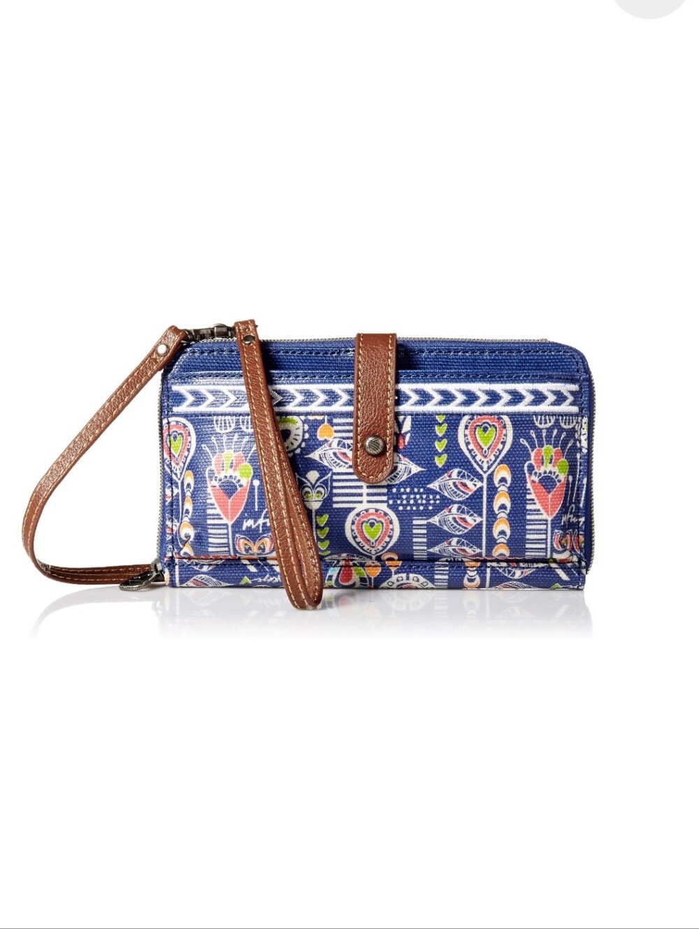 Sakroots Women’s Blue Patterned Wristlet Wallet with Brown Trim